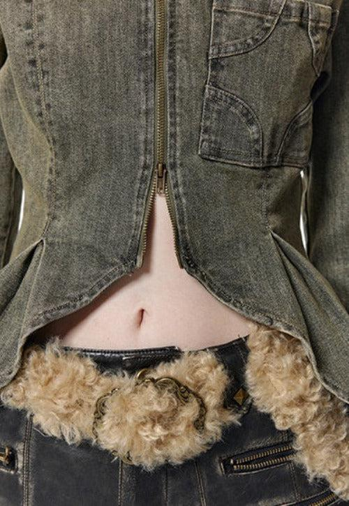 Irregular Hem Zipper Denim Jacket WNW1498