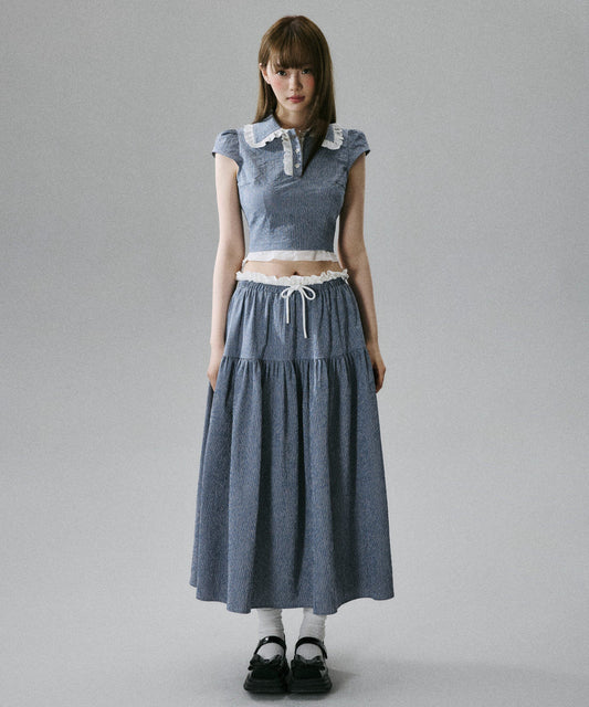 Lace-Trim Short Sleeve Shirt & Drawstring Skirt Setup NA8856