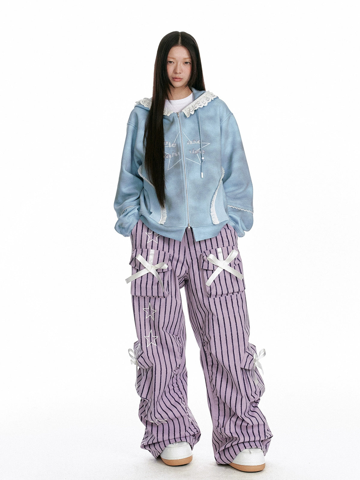 Striped Bow Drawstring Wide-Leg Cargo Pants NA7101
