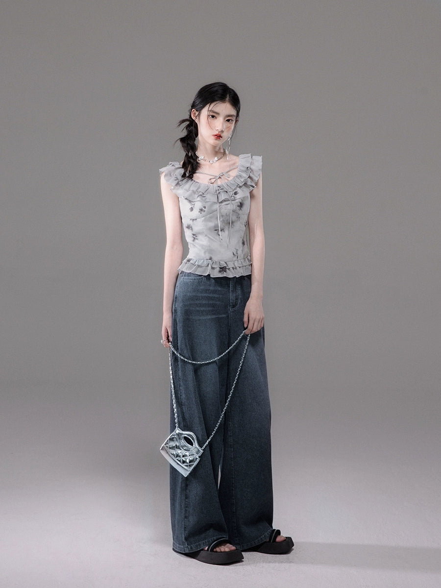 Tulip Print Lace Sleeveless Shirt & Ruffle Edge Skirt NA5528