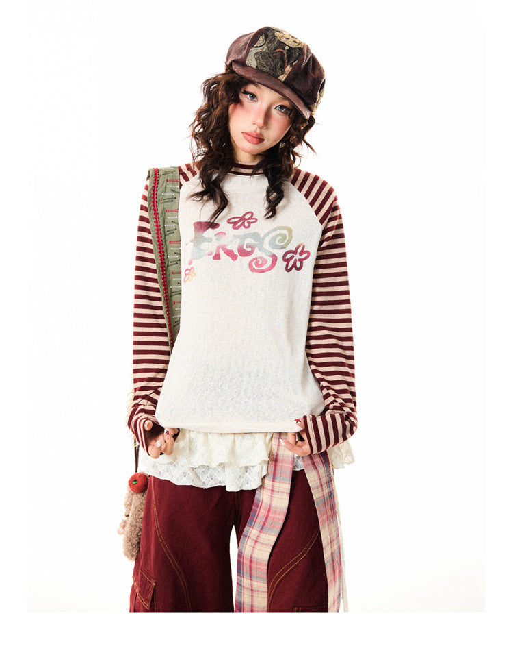 Stripe Raglan Graphic Print Long Sleeve T-Shirt NA9344