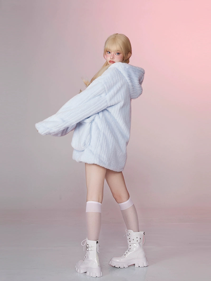 Fuzzy Hooded Fur Jacket & Tank Top & Short Pants Setup NA7225