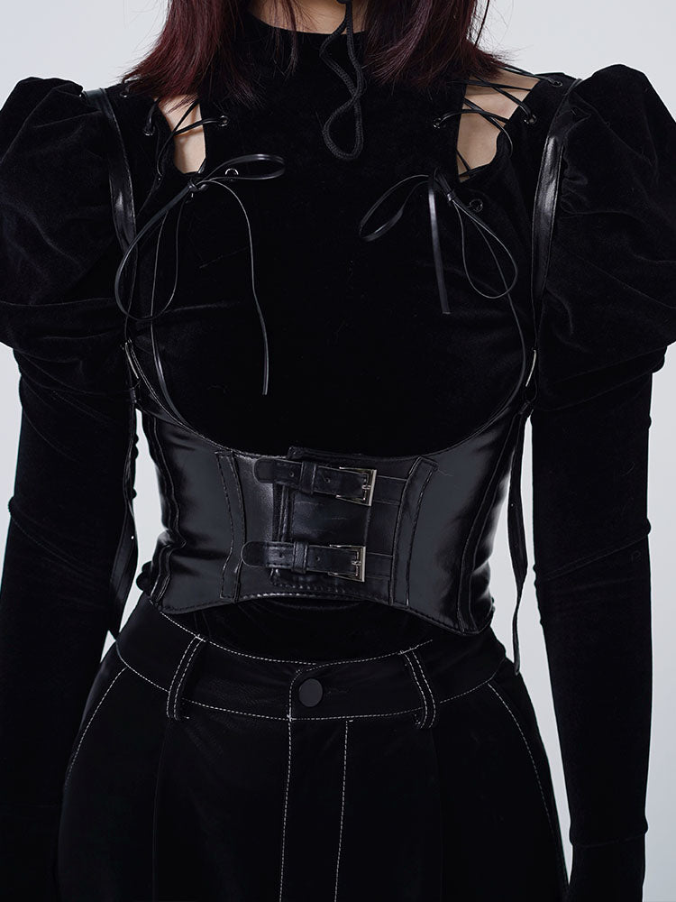 Velvet Tie-Strap Puff Sleeve Knit Sweater NA7746