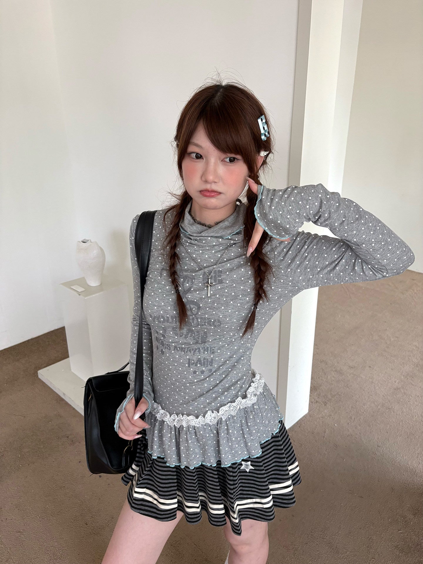 Polka Dot Lace High-Neck Long Sleeve T-Shirt NA9239