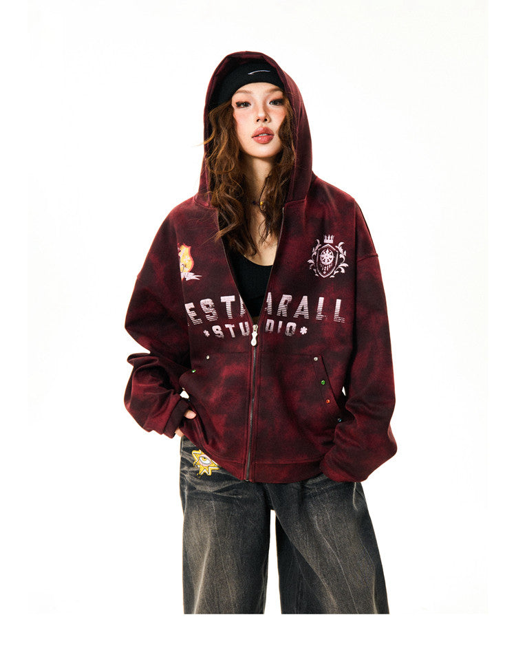 Tie-Dye Letter Print Oversize Zipper Hoodie NA9388