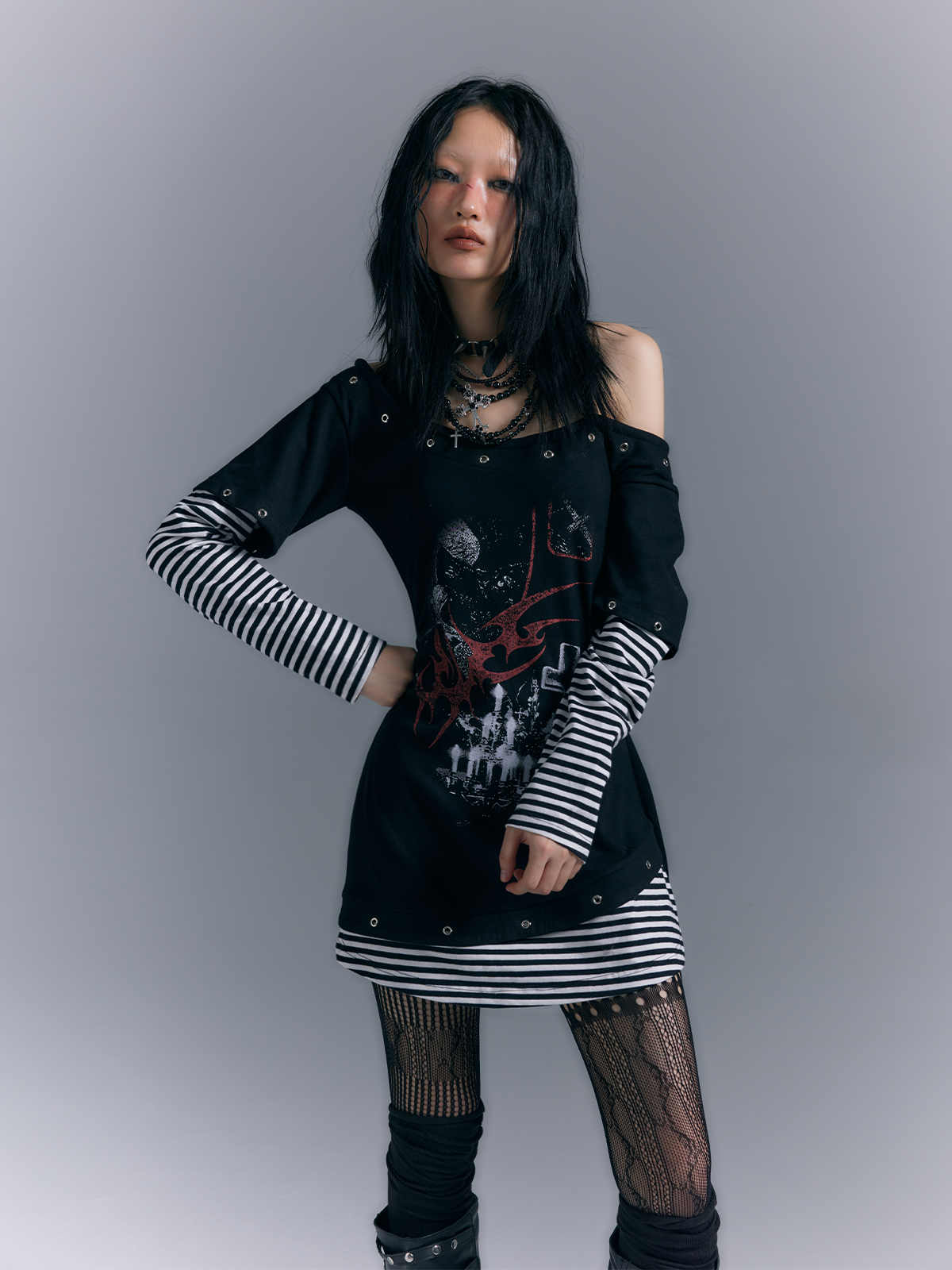 Light Punk Stripe Long Sleeve Graphic Waist-Cinching T-Shirt Dress NA8145