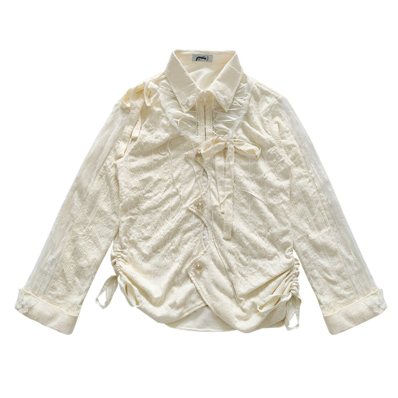 Textured Hollow-Out Tie-Strap Long Sleeve Shirt NA7792