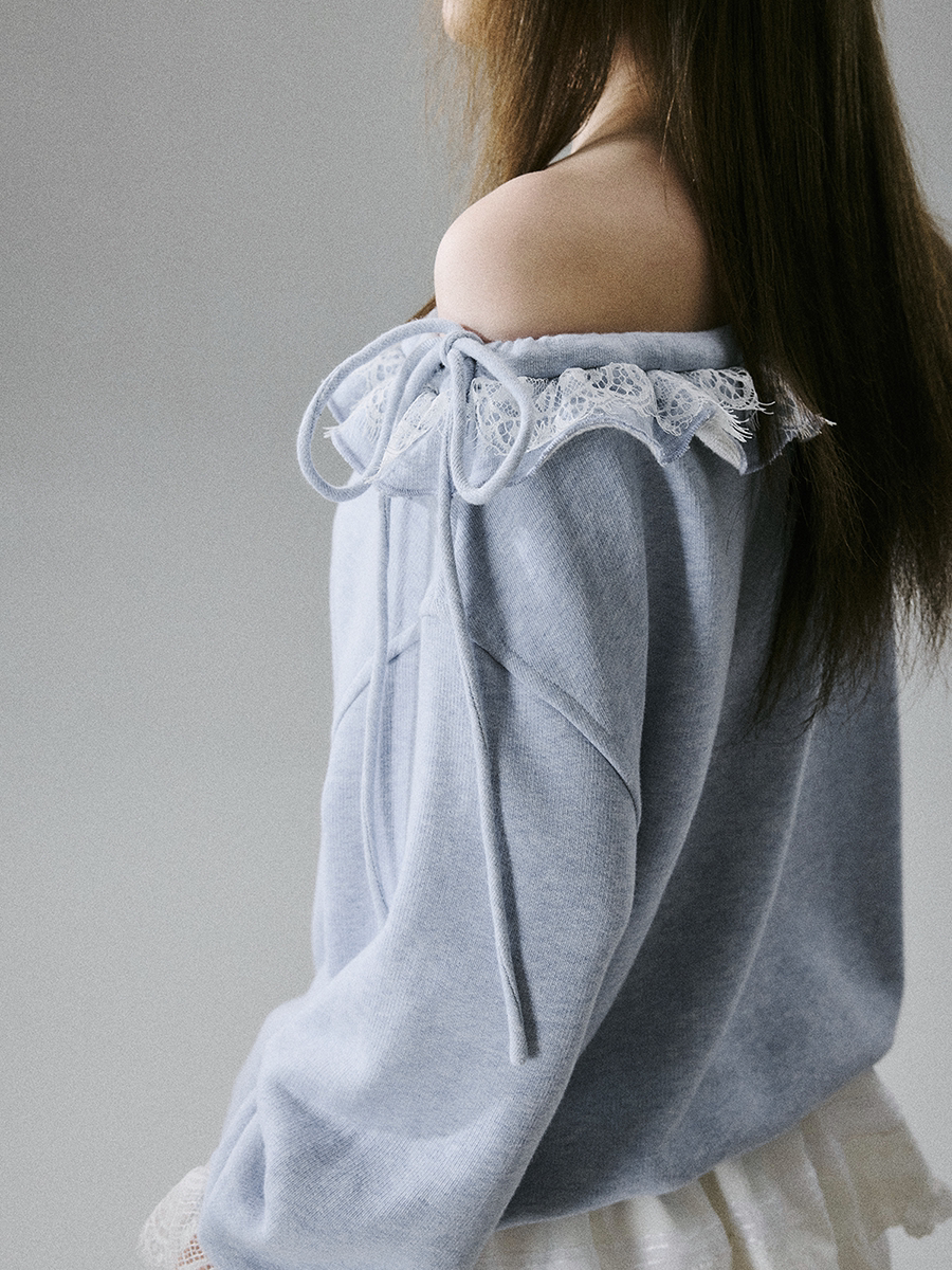 Off-Shoulder Lace Trim Sweatshirt NA8849
