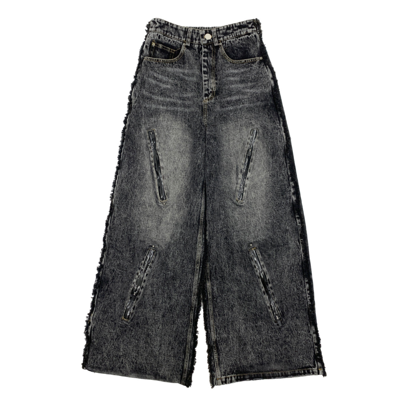 Washed Fray Zipper Detail Wide Leg Denim Jeans NA9191