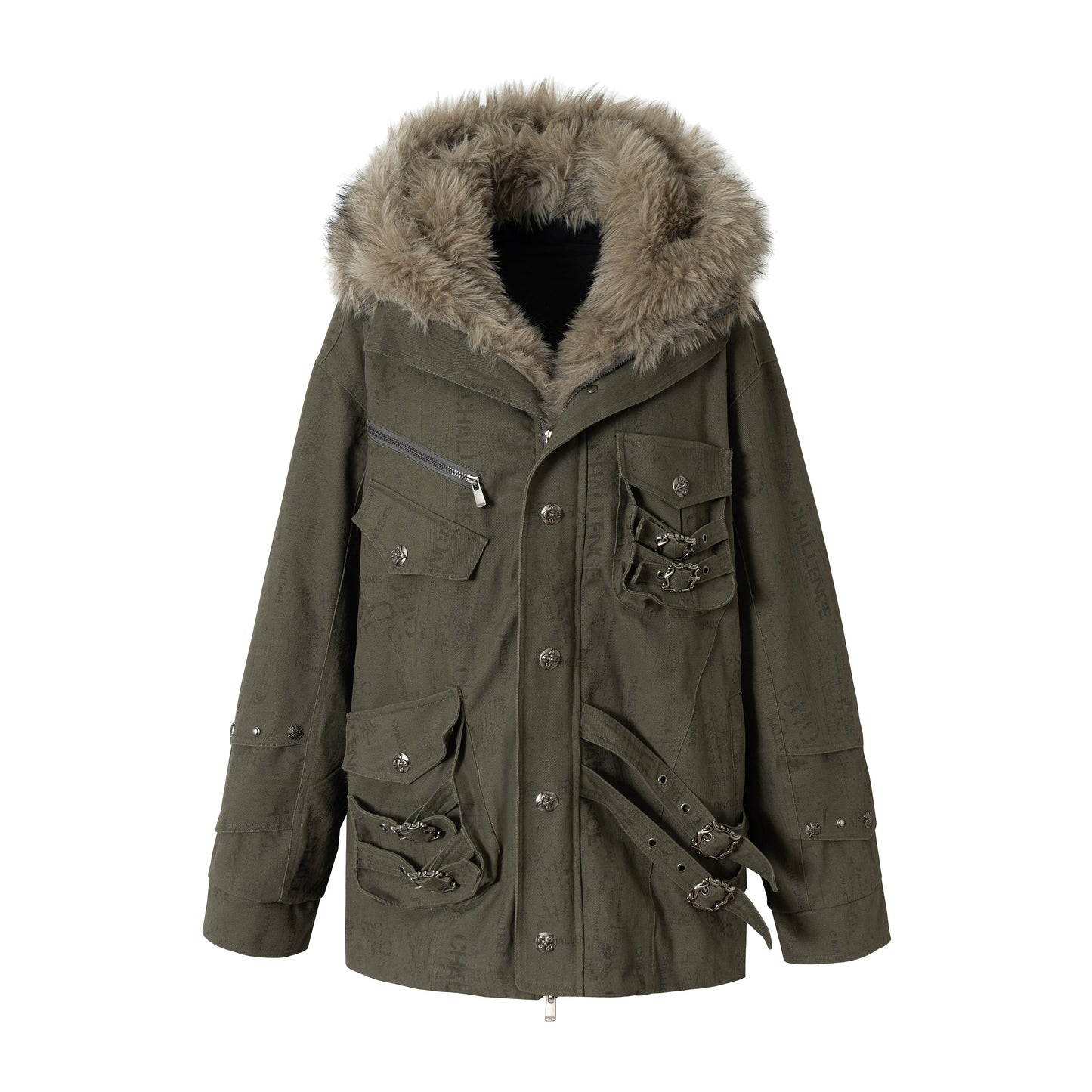 Fake Fur Hooded Multi-Pocket Buckle Detail Jacket NA8989