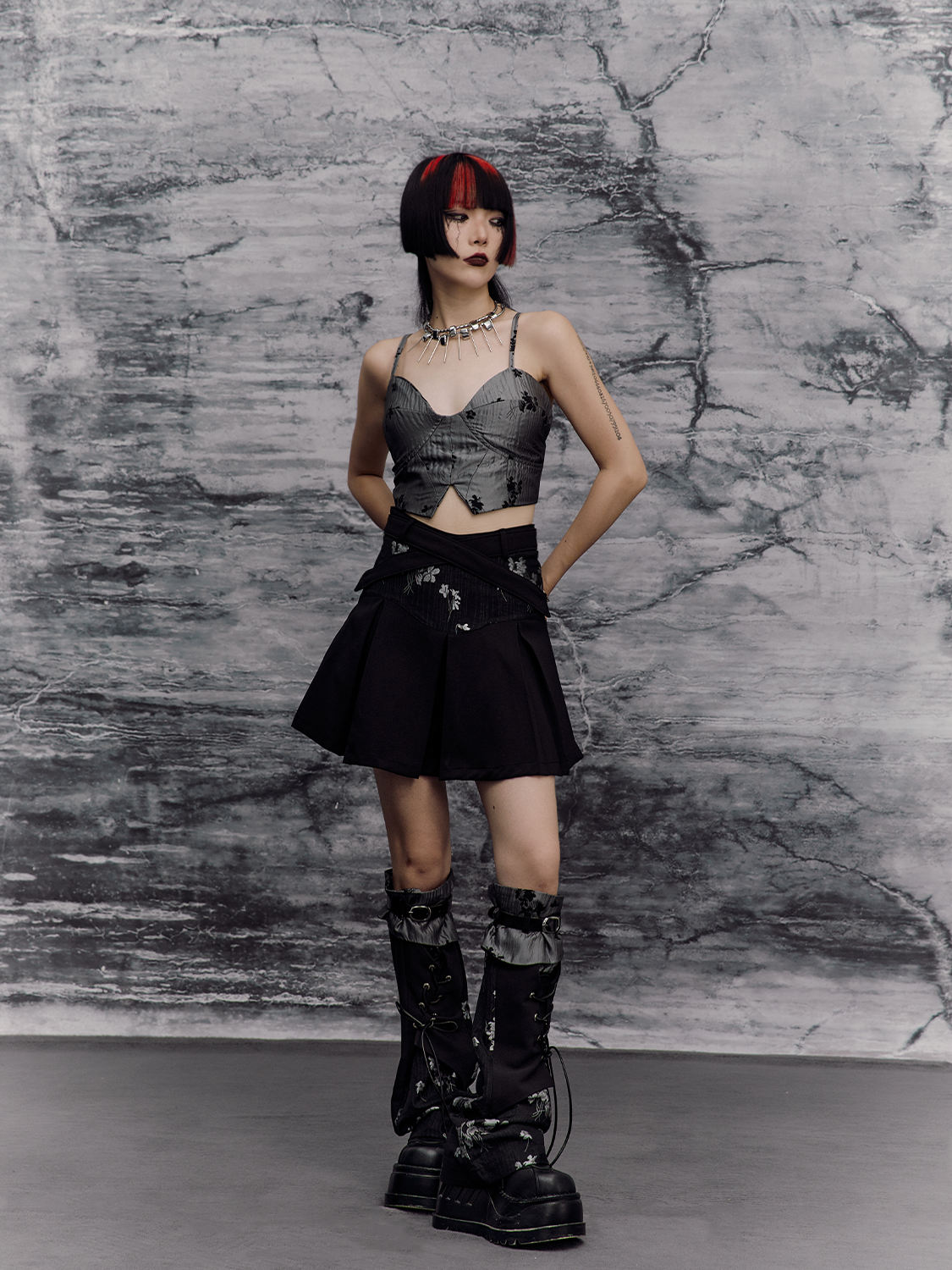 Chinese Style A-Line Jacquard Pleats Short Skirt NA8138