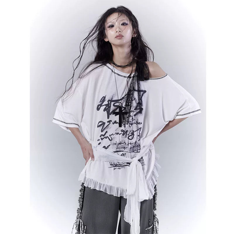 Design Print Sheer Oversize Short Sleeve T-Shirt NA8536