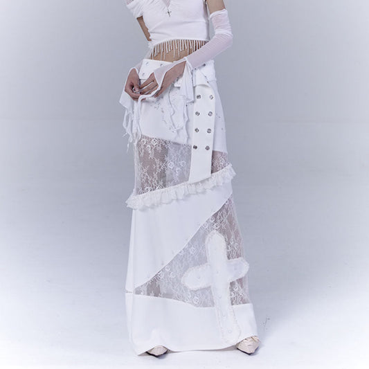 Lace Patchwork Low Waist Long Skirt NA8538
