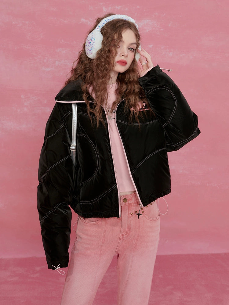 Letter Print High-Neck Short White Duck Down Jacket NA6817