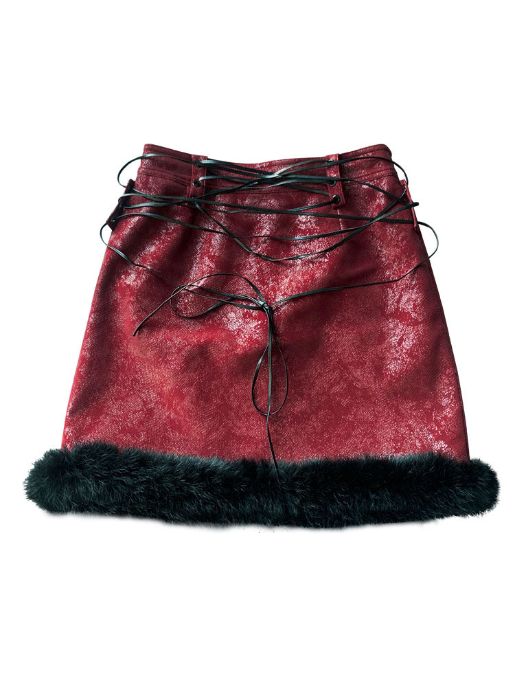 Fur Patchwork Tie-Strap PU Leather Skirt NA7752