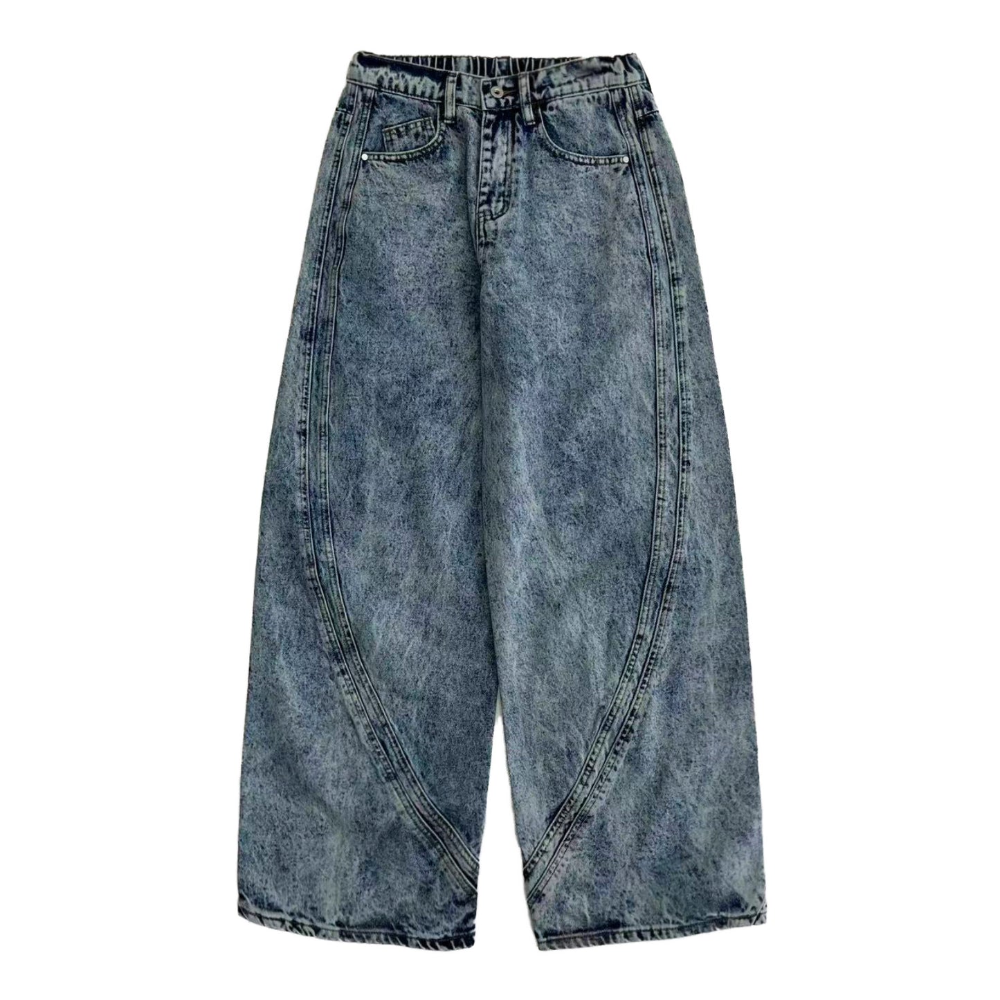 Acid Wash Zipper Elastic Hem Jacket & Wide Leg Denim Jeans Setup NA9031