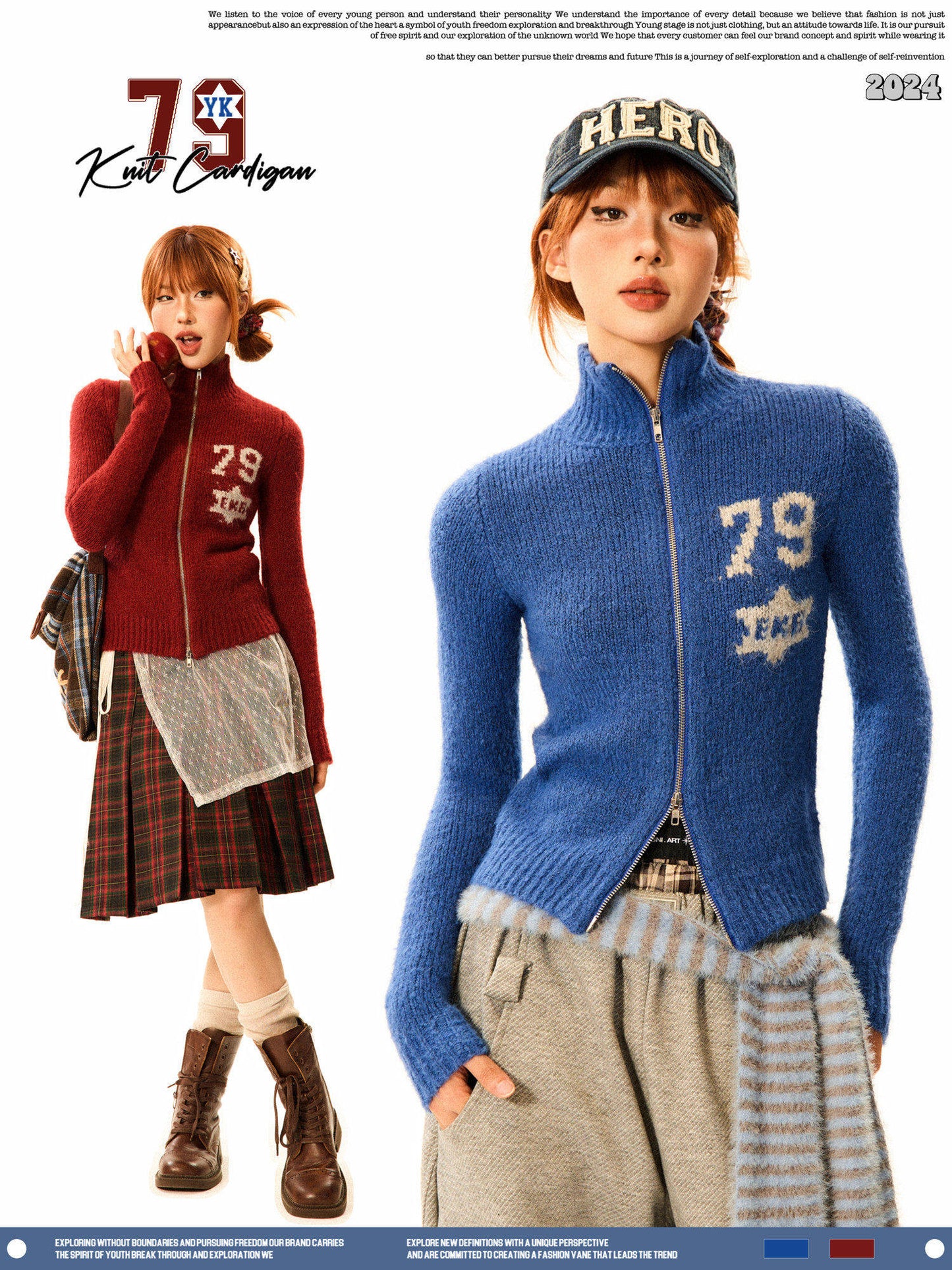 Number Patch Knit Zipper Stand Neck Cardigan NA9359