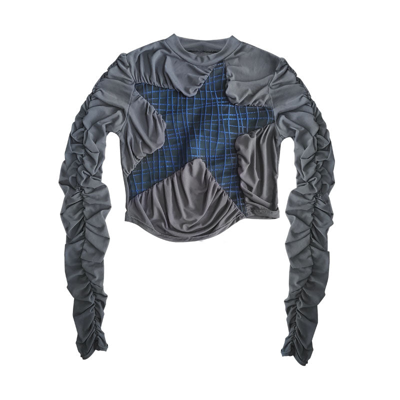 Sheer Mesh Ruched Patchwork Long Sleeve T-shirt NA7724