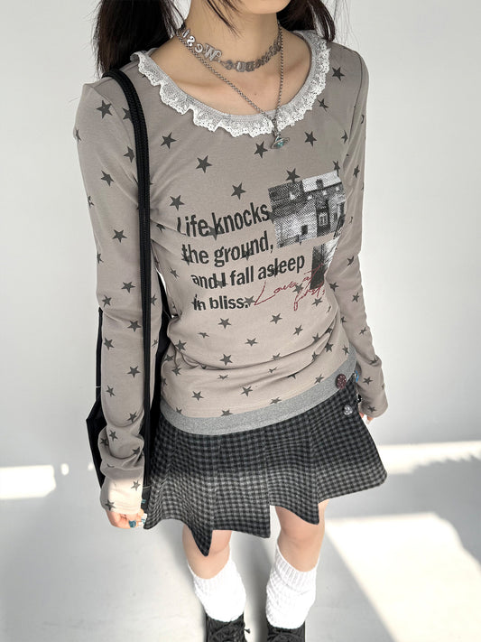 Star Print Lace Trim Fitted Long Sleeve T-Shirt NA9297