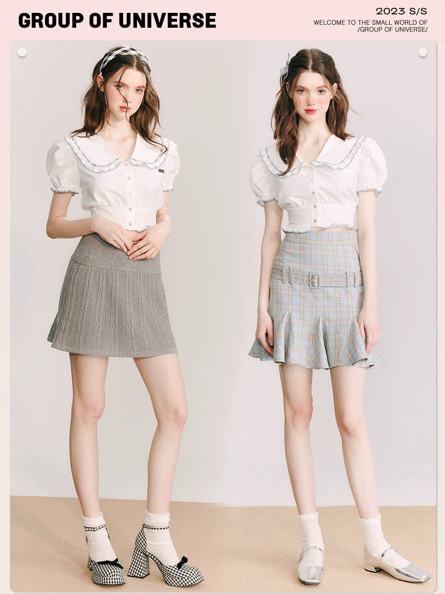 Ruffle Collar Cropped Bubble Sleeves Shirt NA5874