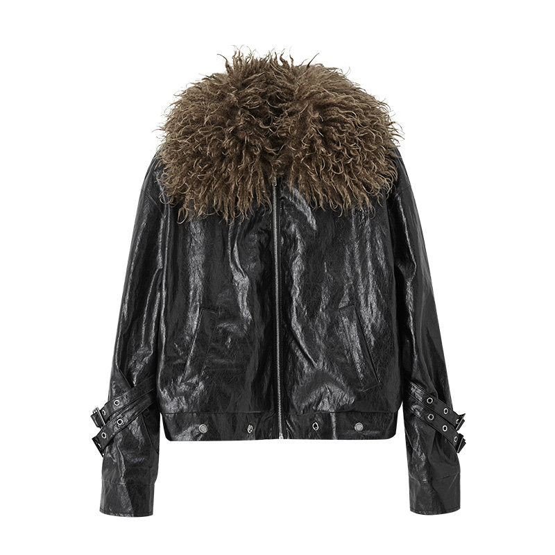 Detachable Fur Collar Glossy Padded PU Leather Jacket NA8907