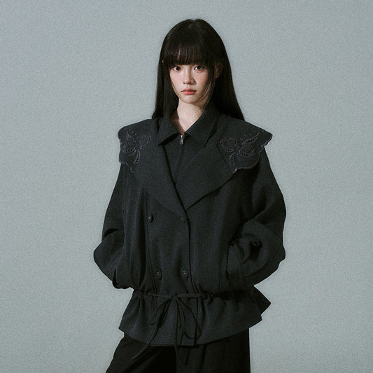 Embroidery Collar Drawstring Waist Double-Breasted Jacket NA8830