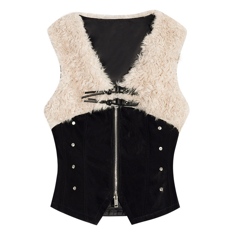 Fake Fur Patchwork V-Neck Slim PU Leather Vest & Ribbed High-Neck Knit Sweater NA8629