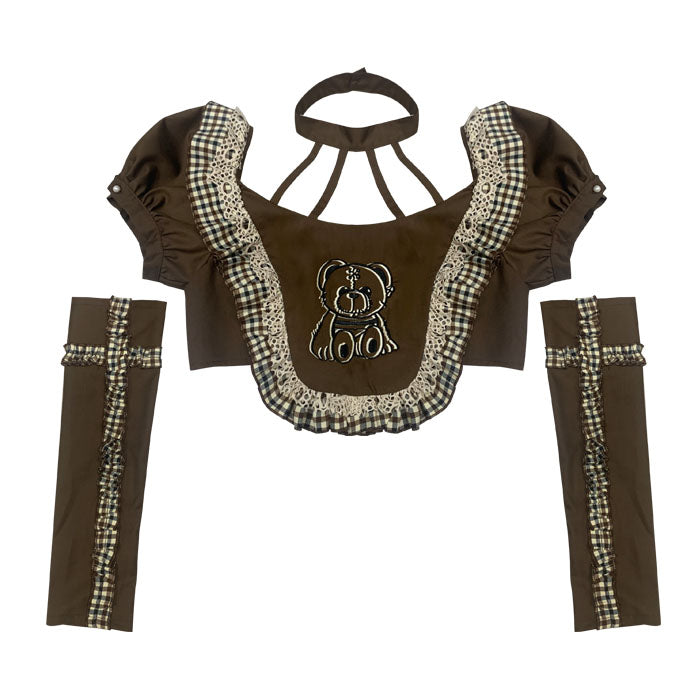 Bear Embroidery Ruffle Lace Short Sleeve Blouse NA7740