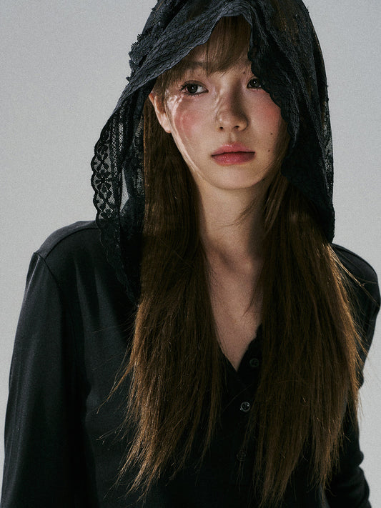 Lace Bow Hooded Long Sleeve Lyocell Shirt NA8815