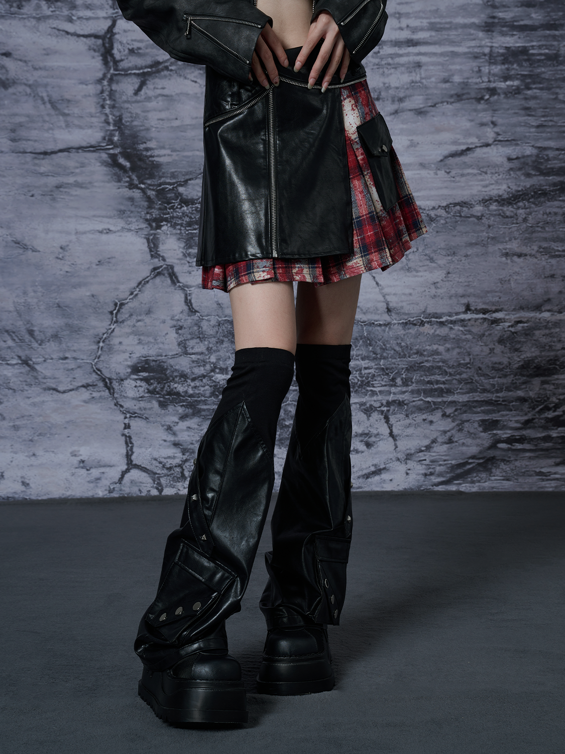 Ribbed PU Leather Patchwork Leg Covers NA8192