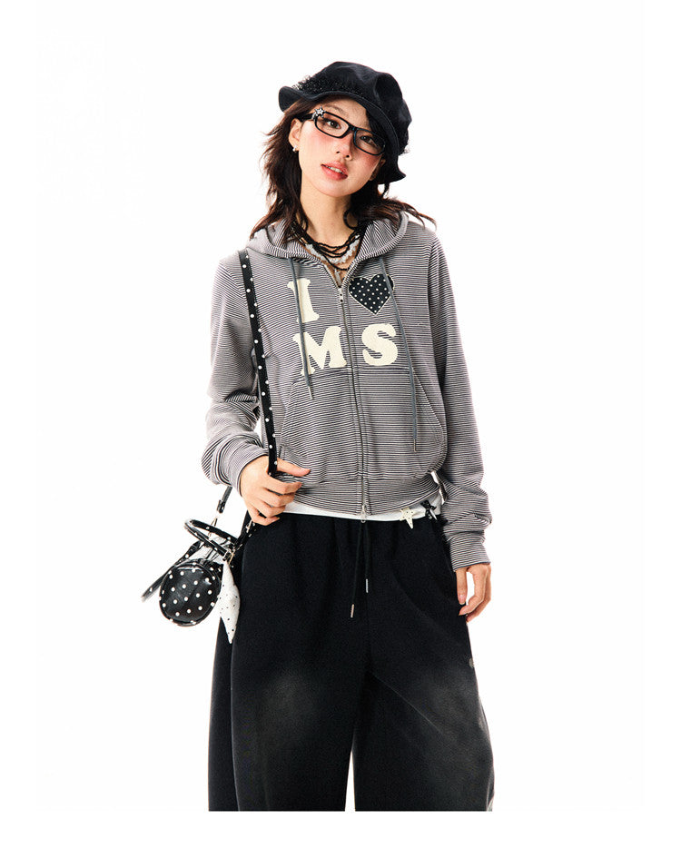 Heart Letter Print Stripe Cropped Zipper Hoodie NA9311