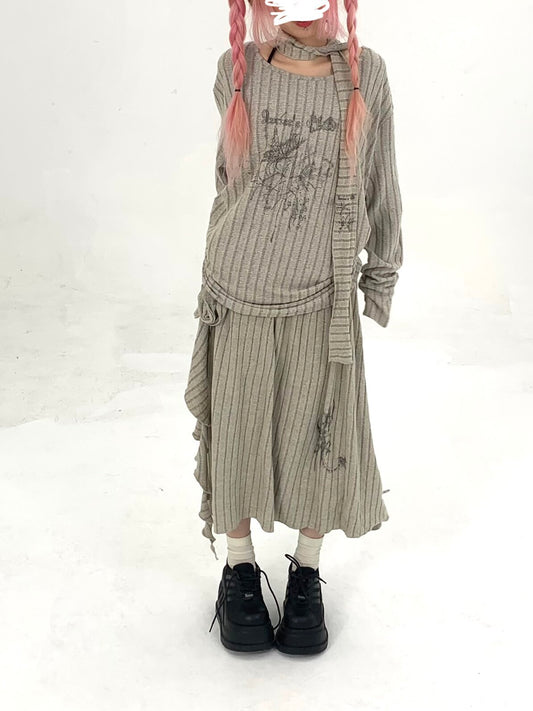Ribbed Letter Print Strap Detail Oversize Knit Sweater NA9298