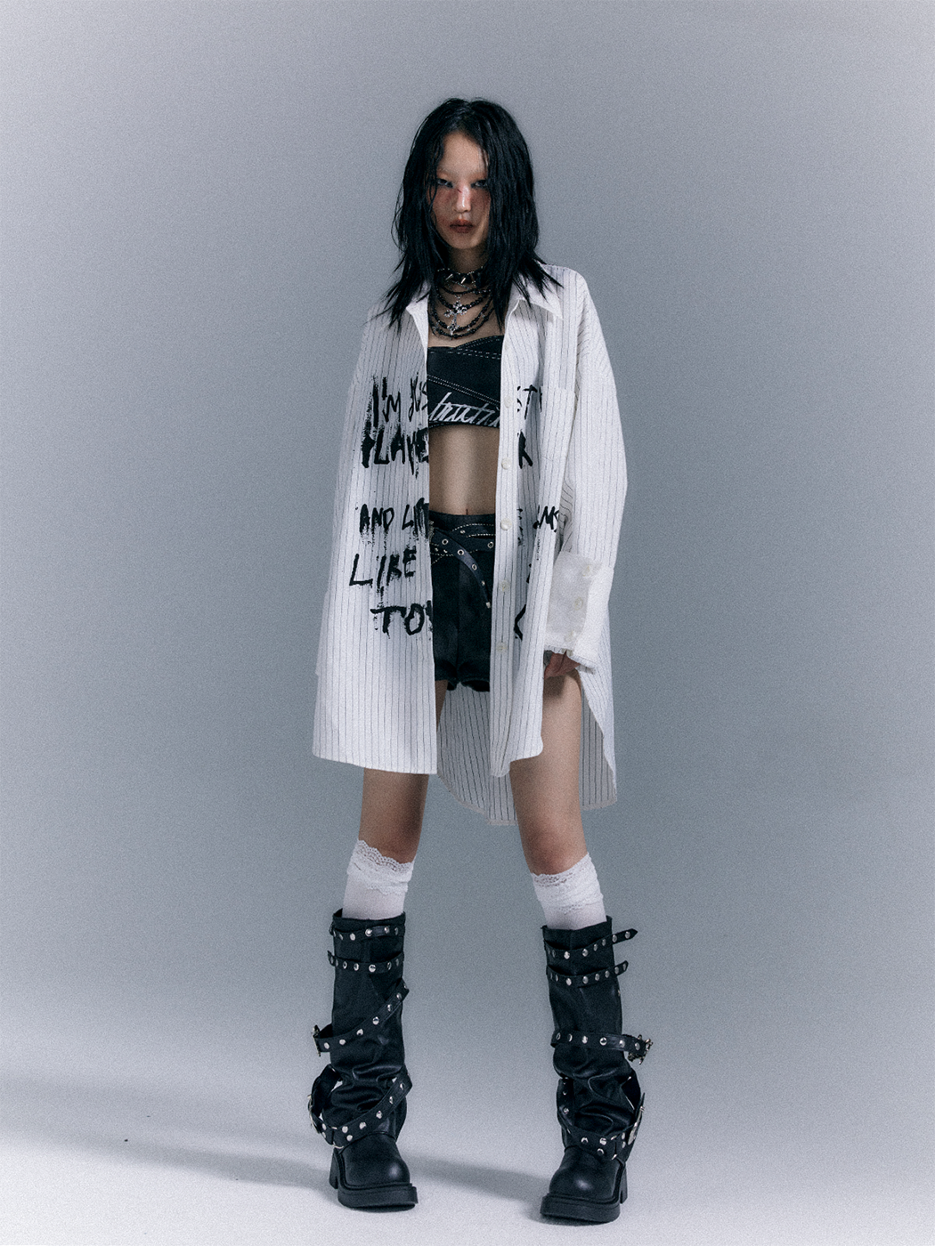 Graffiti Print Stripe Oversize Long Sleeve Shirt NA8161