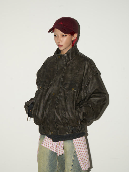 PU Leather Stand Collar Oversize Jacket NA9179