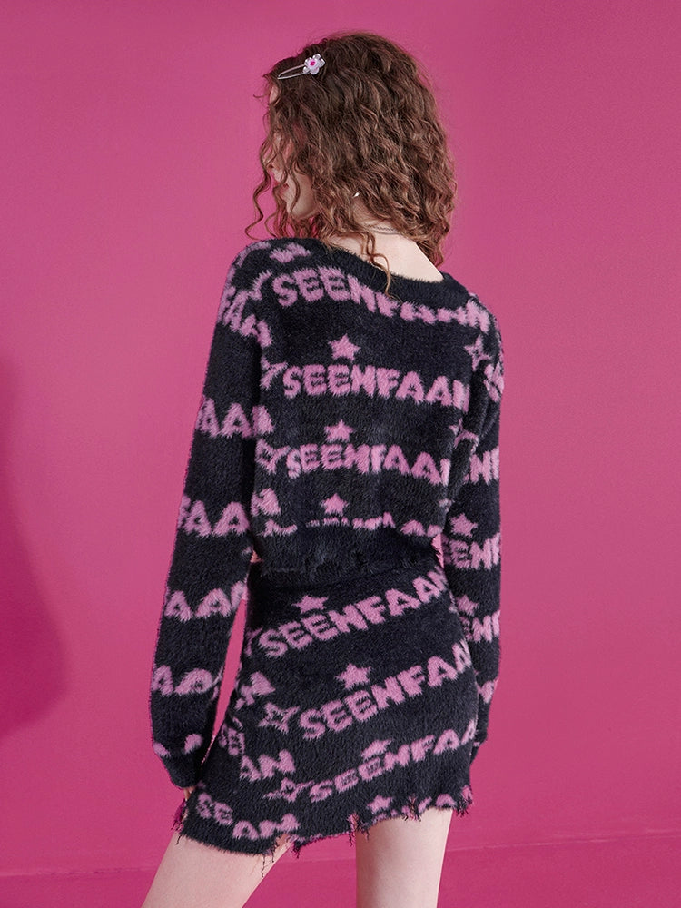 Fake Mink Frayed Hem Knit Cardigan & Knit Skirt Setup NA6754