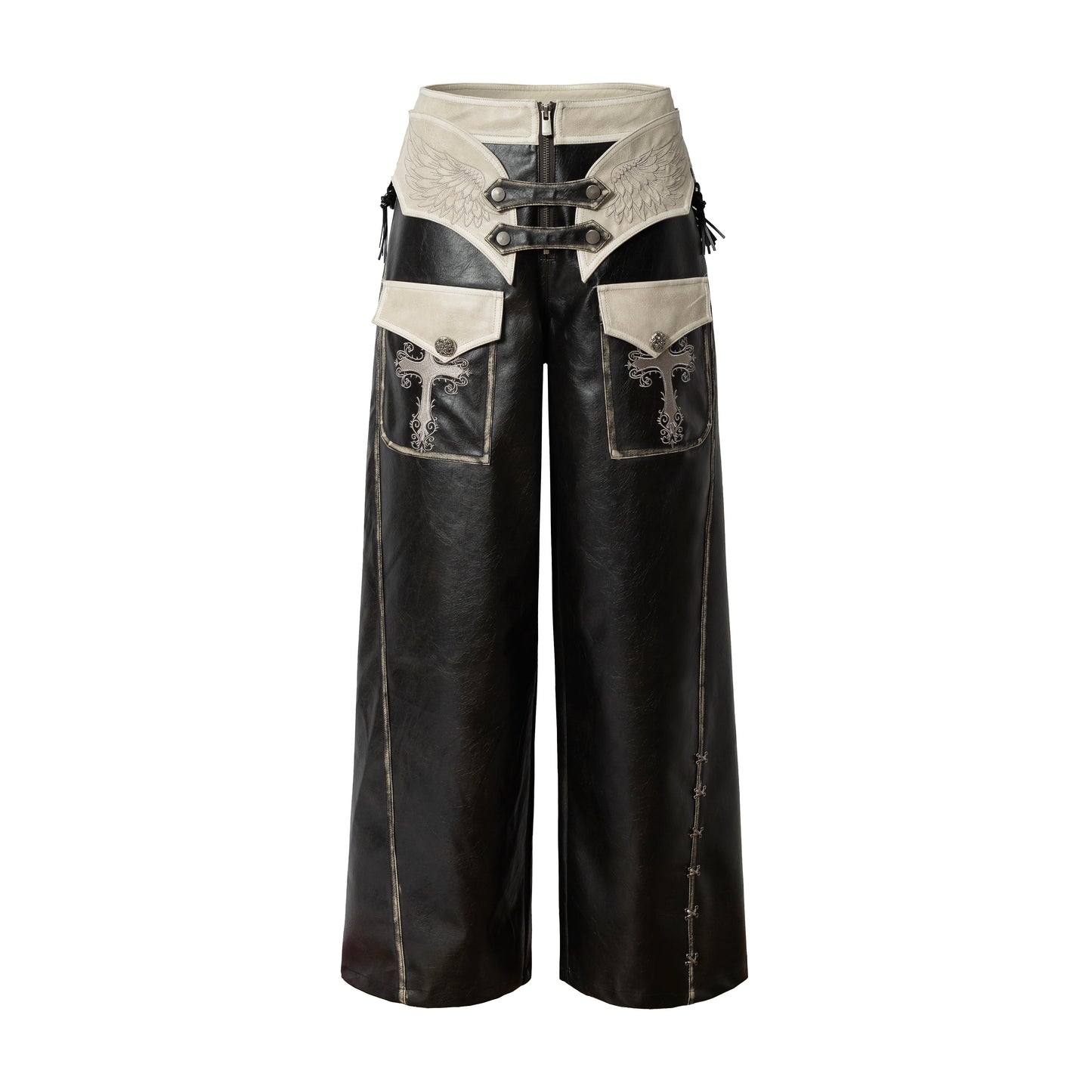 Lace Panel Buckle Detail Wide Leg PU Leather Pants NA8987