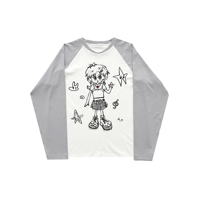 Hand-Drawn Girl Print Contrast Raglan Sleeve Oversize Long Sleeve T-Shirt NA8236
