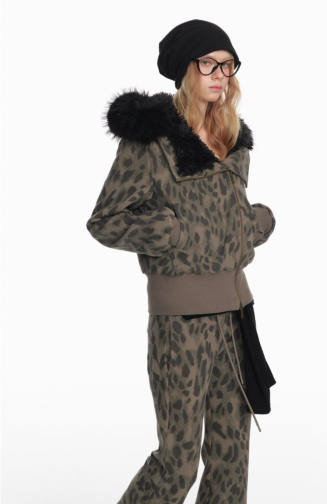 Leopard Print Fur Collar Zipper Hooded Jacket & Slim Pants Setup NA7199