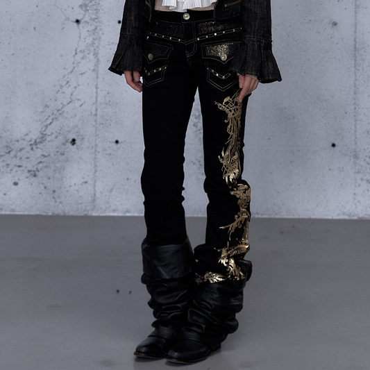 Embroidery Low Rise Straight Denim Jeans NA8998