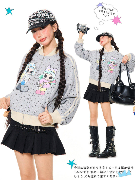 Star Print Stand Neck Zip-Up Jacket NA9411