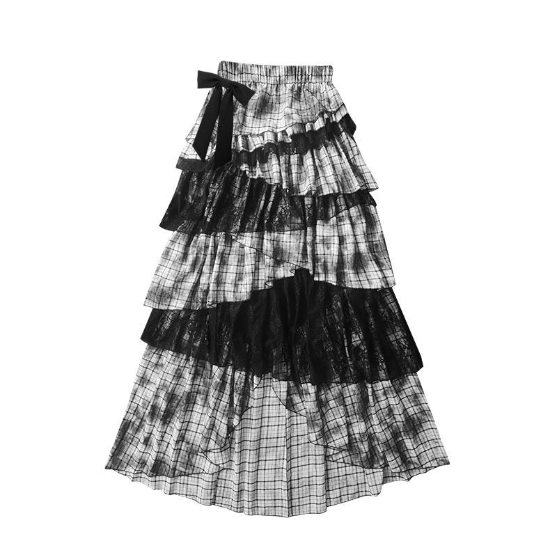 Lace Plaid Tiered Asymmetric Skirt NA8533