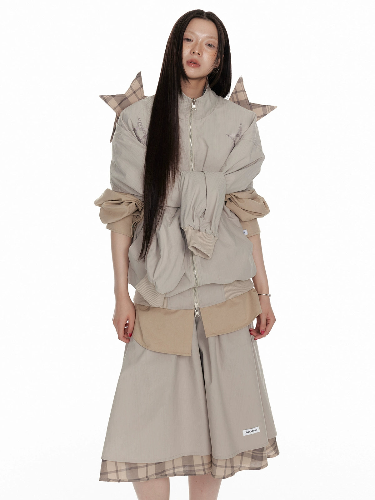 Hollow Star Stand Neck Recersible Jacket & Recersible Plaid Skirt Setup NA7111