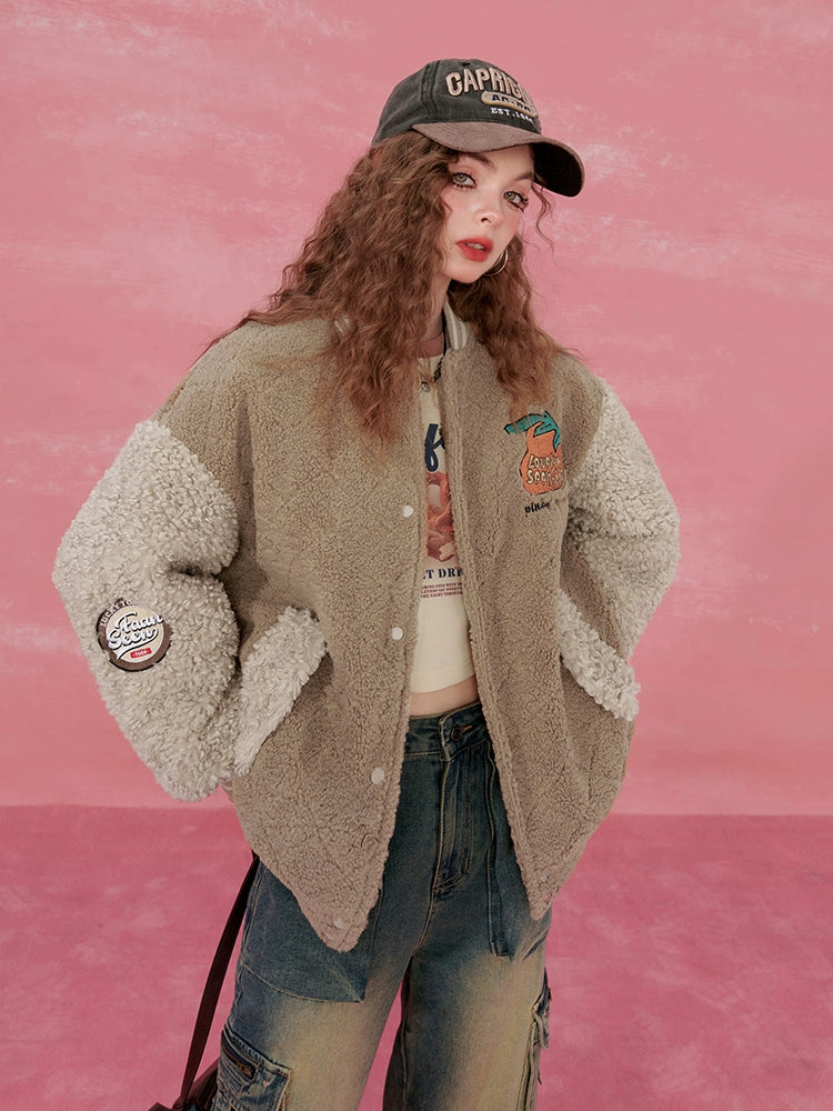 Colorblock Embroidery Fleece-Lined Baseball Jacket NA6804