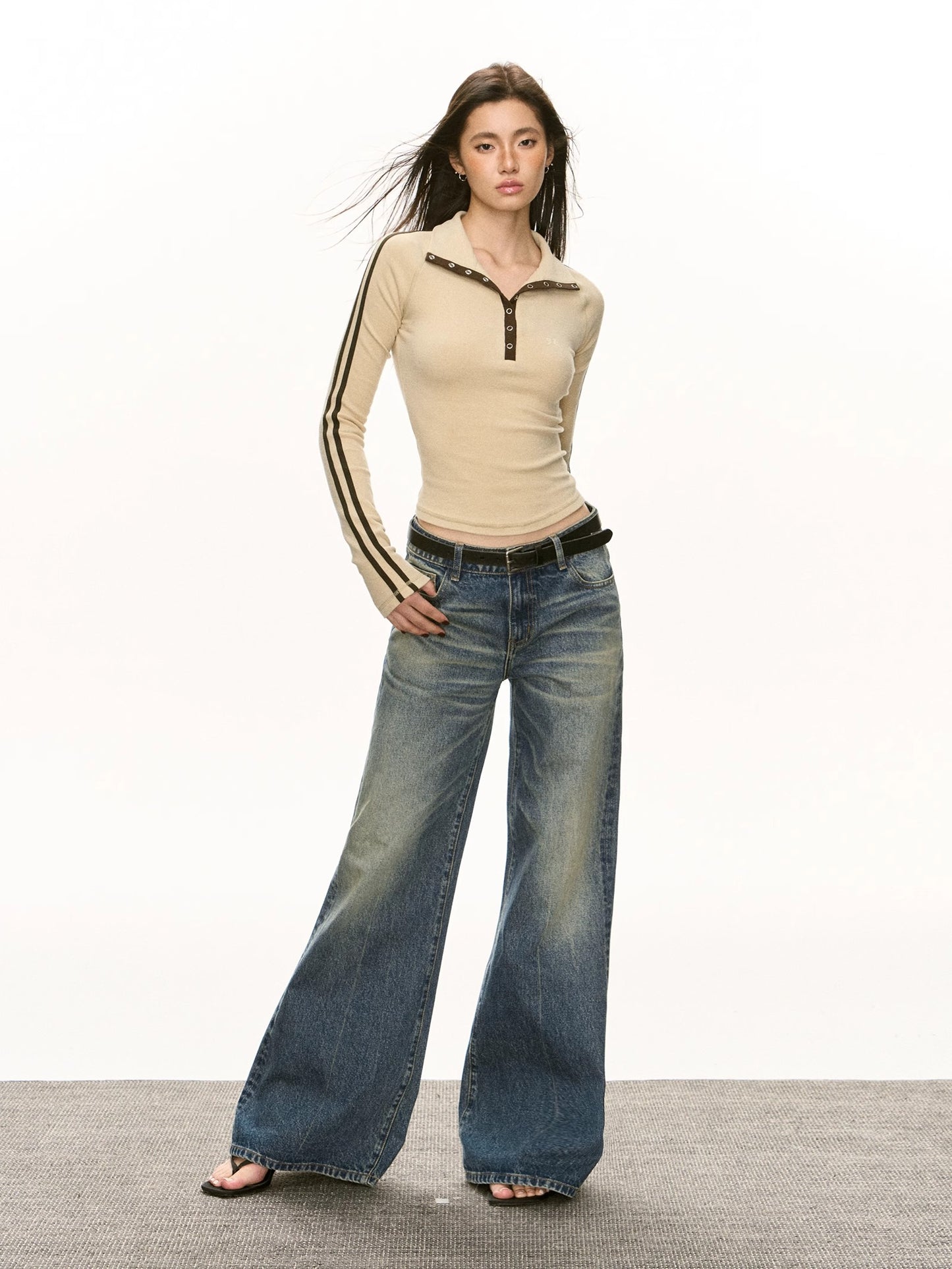 Washed Wide Leg Straight Long Denim Jeans NA5291