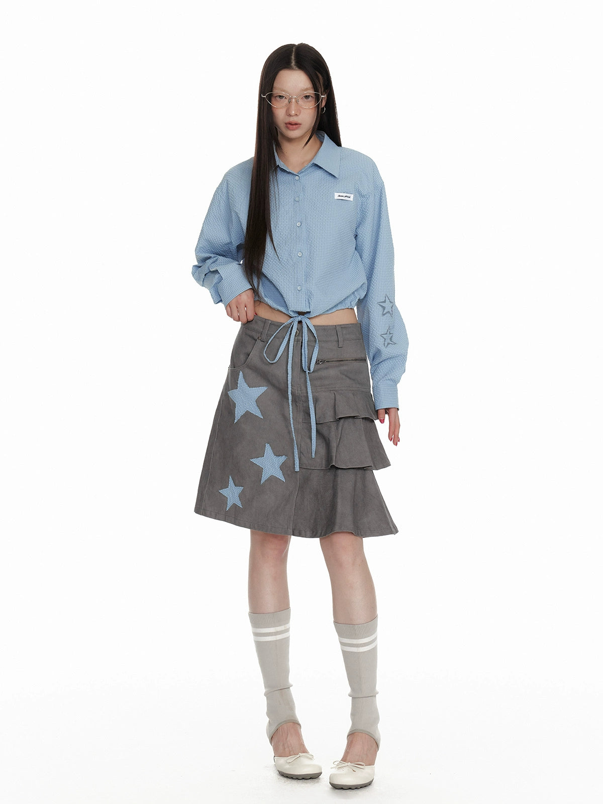 Ruffled Plaid Star Pleated Midi Skirt NA7117