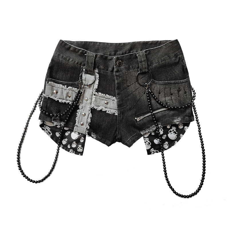 Design Rivet Print Low Waist Denim Short Pants NA8531