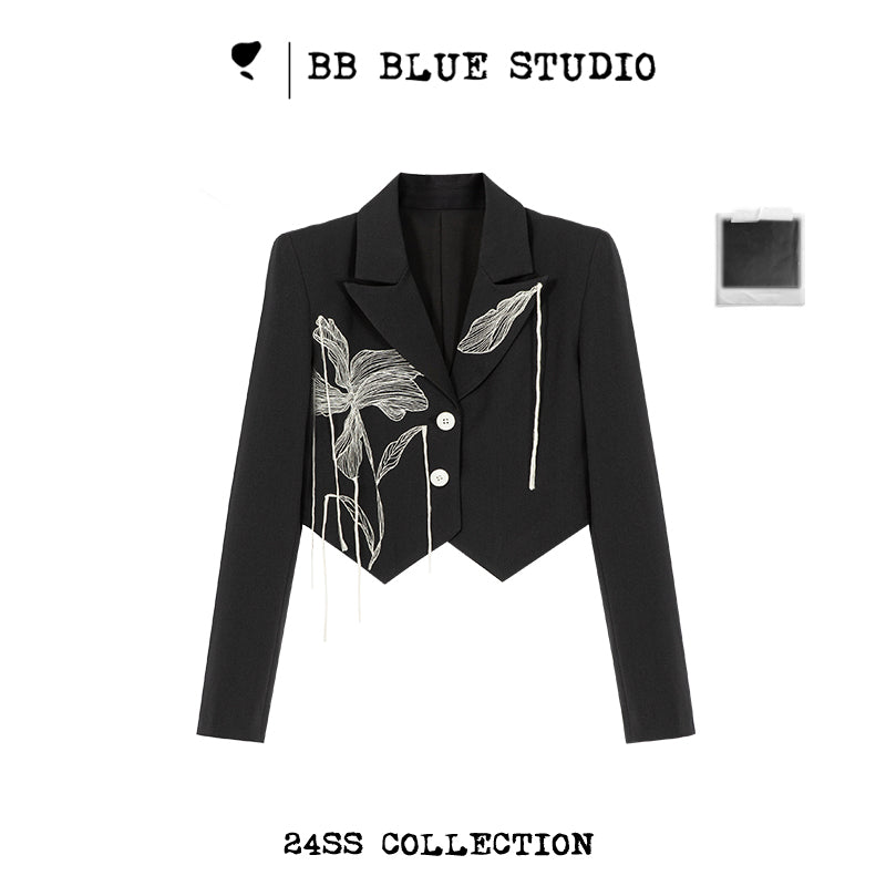 Shoulder-Pad Embroidery Short Tailored Jacket NA7579