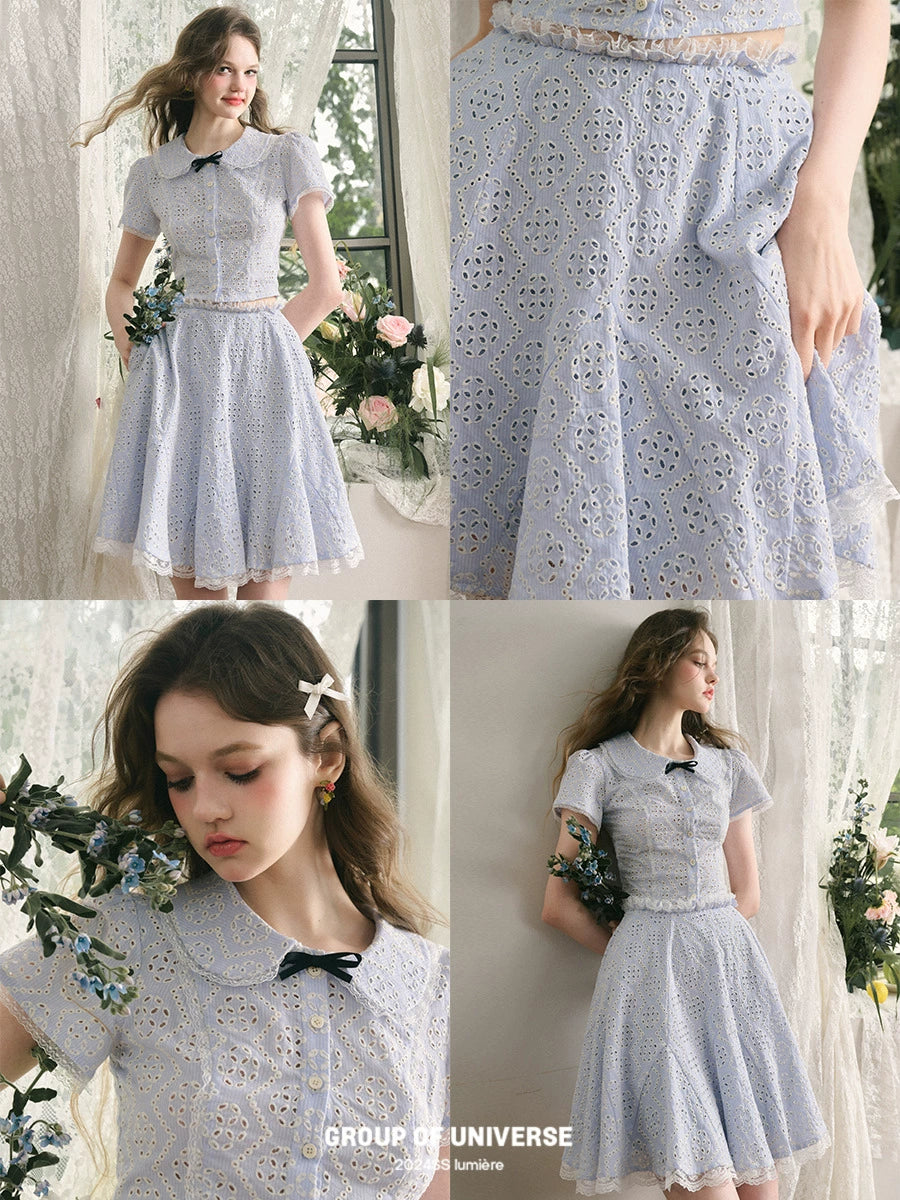Embroidery Lace Short Sleeve Shirt & Short Skirt Setup NA5932