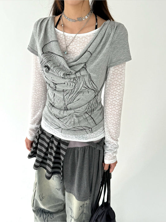 Fake Layered Draped Print Long Sleeve T-Shirt NA9242
