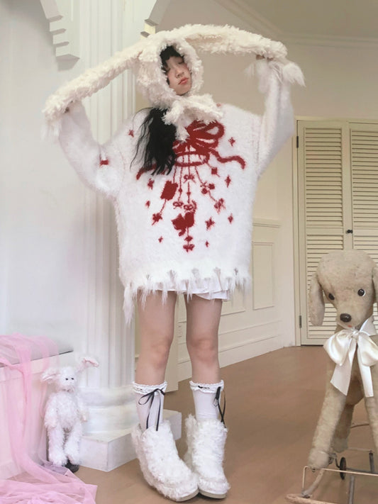 Bow Design Shaggy Knit Sweater NA8304